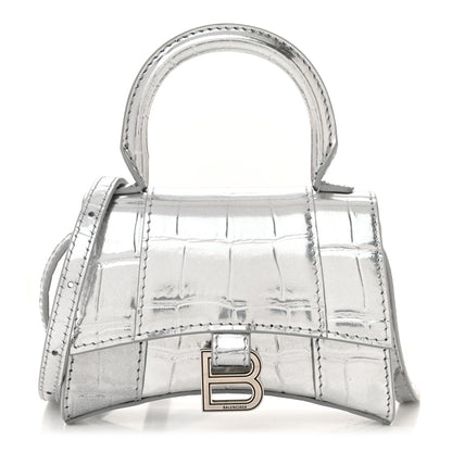 Balenciaga Metallic Calfskin Crocodile Embossed Hourglass Top Handle Bag Mini Silver 1 of 10