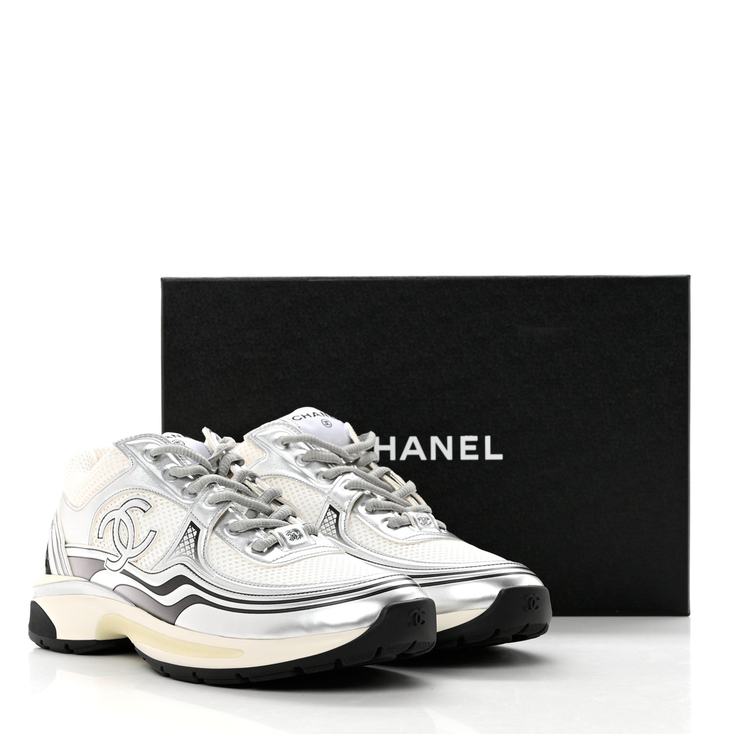 Fabric Laminated Calfskin Stretch CC Sneakers 40.5 White Silver