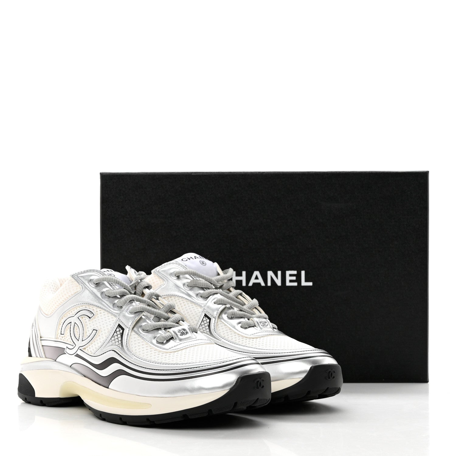 Chanel Fabric Laminated Calfskin Stretch CC Sneakers 40.5 White Silver 9 of 9