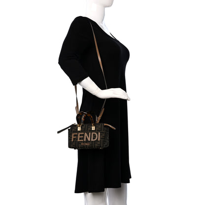 Fendi Fabric Jacquard Vitello King Plexiglass FF 1974 Logo Embroidered Mini By The Way Top Handle Boston Bag Tobacco Moro Sand 2 of 8