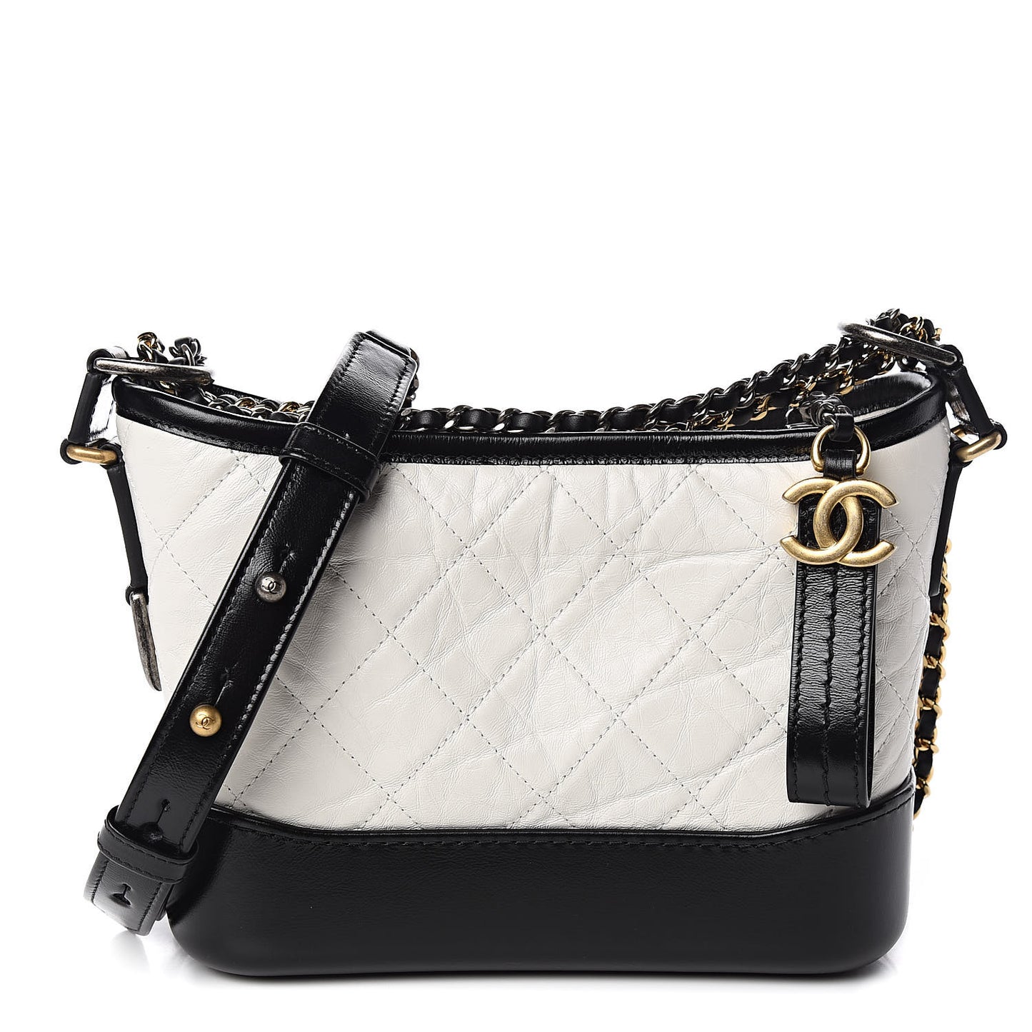 Aged Calfskin Quilted Small Gabrielle Hobo Black White