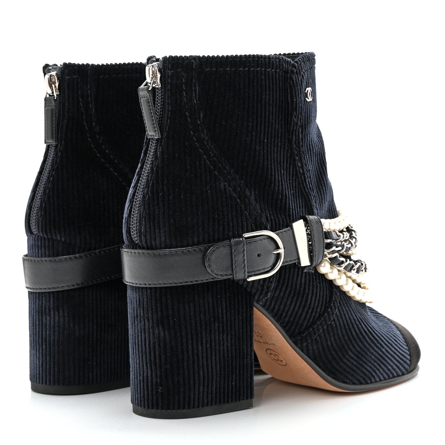 Chanel Velvet Satin Cap Cap Toe Short Boots 39 Navy Black 4 of 12