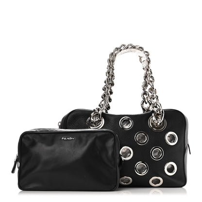Prada Vitello Daino Grommet Chain Satchel Bag Black 1 of 11