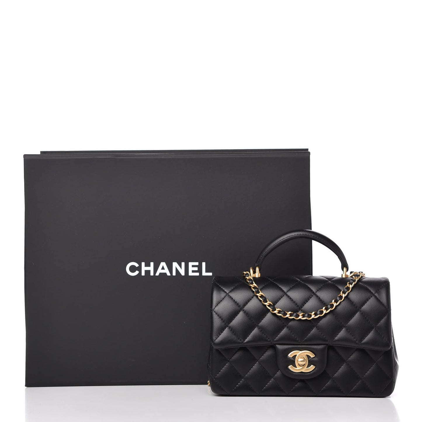 Lambskin Quilted Mini Top Handle Rectangular Flap Black