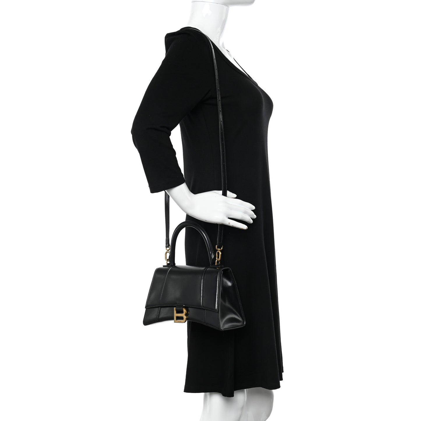 Shiny Box Calfskin Small Hourglass Top Handle Bag Black
