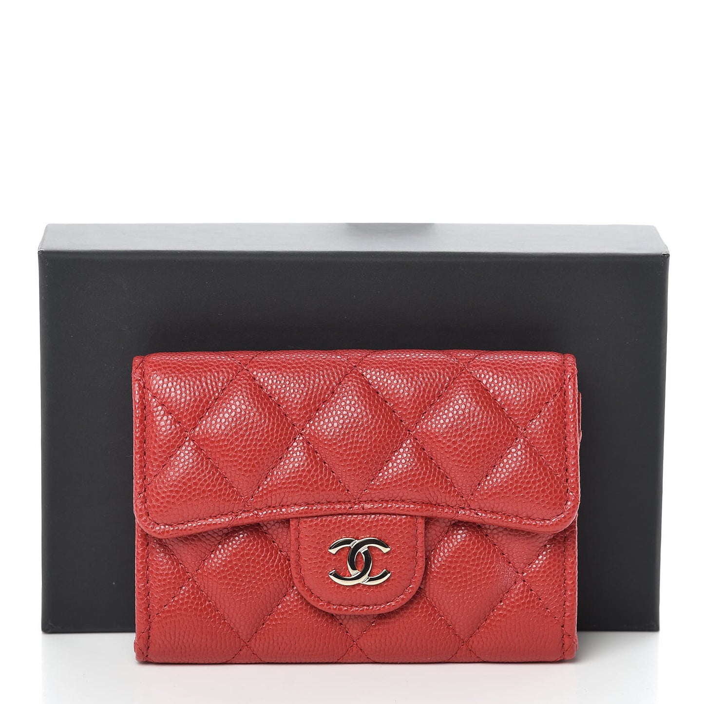 Caviar Quilted Flap Card Holder Wallet Red