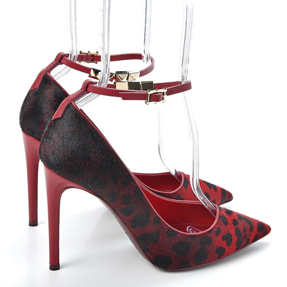 Valentino Garavani Calf Hair Leopard Print Rouge Absolute Rockstud Ankle Strap Pumps 37 Red Black 4 of 10