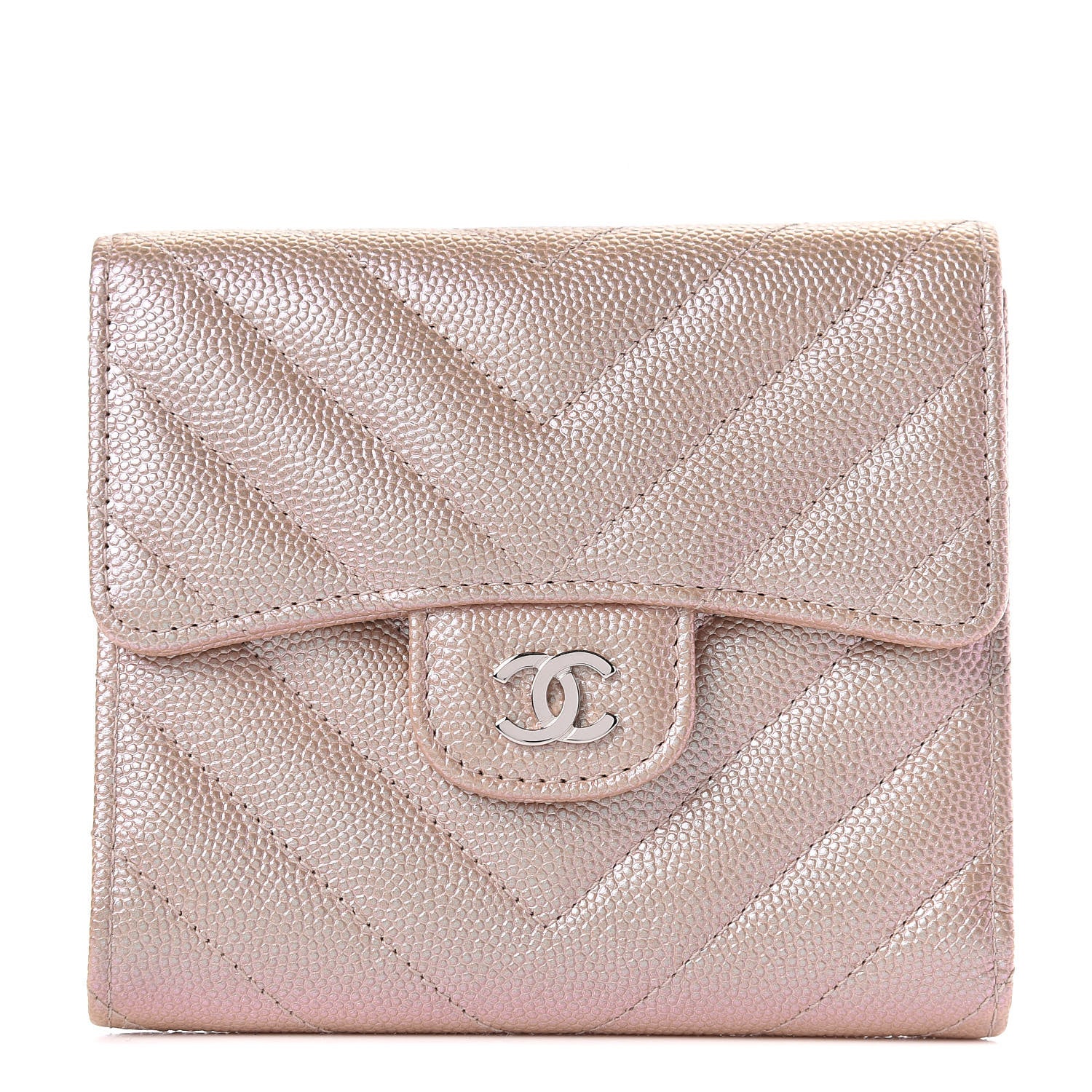 Chanel Metallic Caviar Chevron Quilted Compact Flap Wallet Light Gold 1 of 9