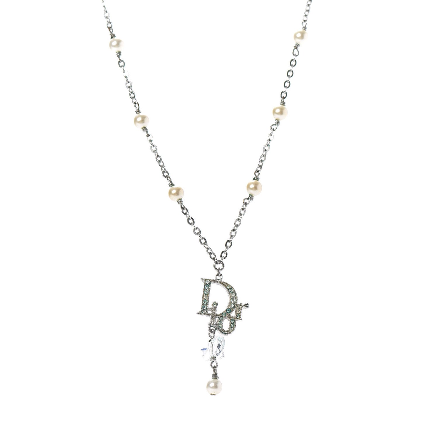 Crystal Pearl Logo Necklace Silver