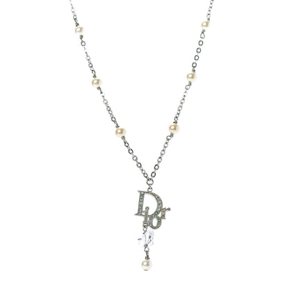 Christian Dior Crystal Pearl Logo Necklace Silver 1 of 5