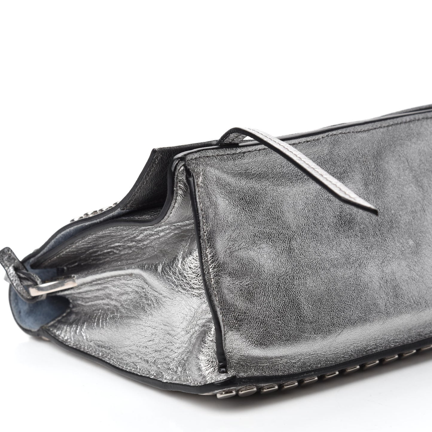 Metallic Glace Calfskin Studded Etiquette Flap Silver