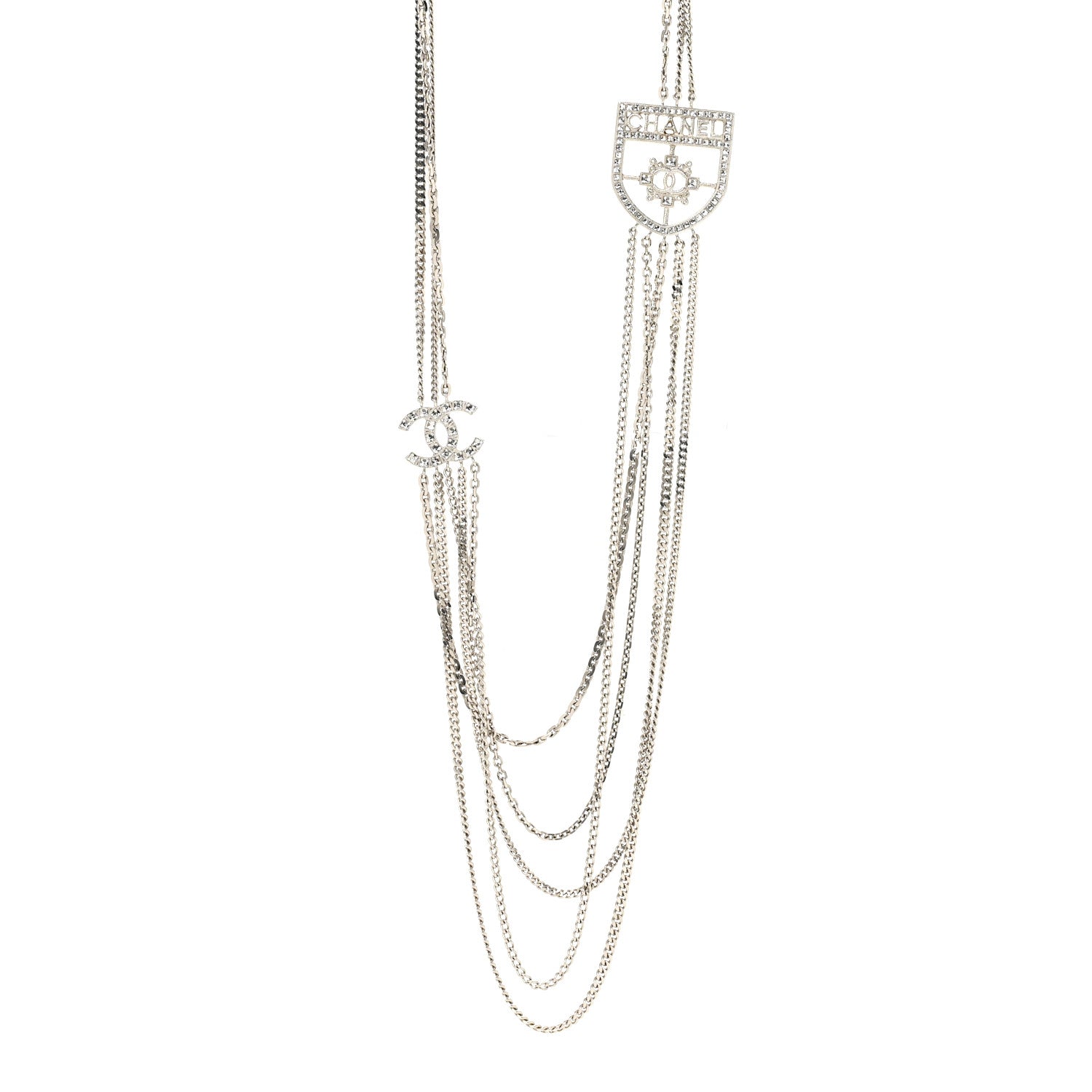 Chanel Baguette Crystal CC Shield Multi Strand Long Chain Necklace Silver 1 of 6