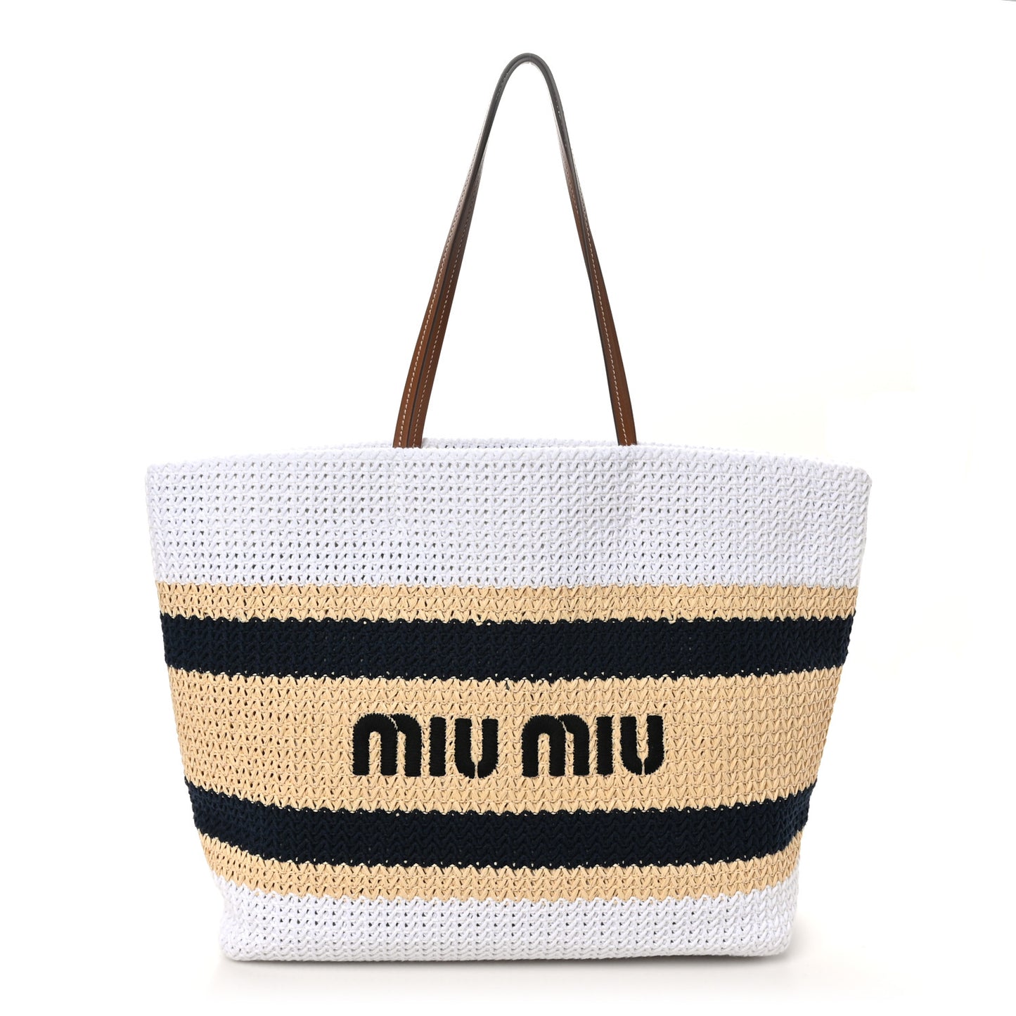 Raffia Crochet Stripe Tote Bag Naturale White
