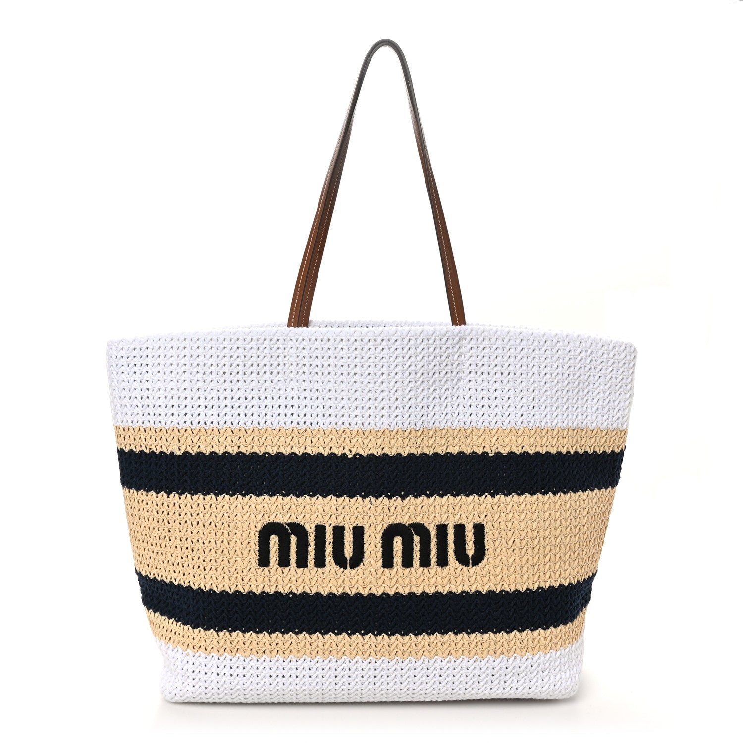 Miu Miu Raffia Crochet Stripe Tote Bag Naturale White 1 of 9