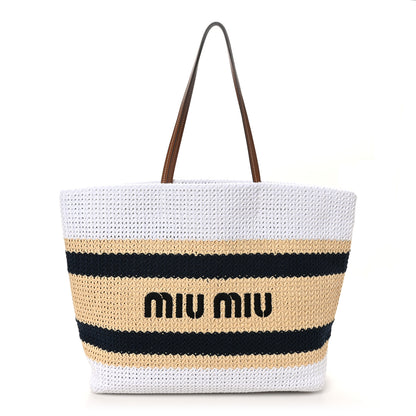 Miu Miu Raffia Crochet Stripe Tote Bag Naturale White 1 of 9