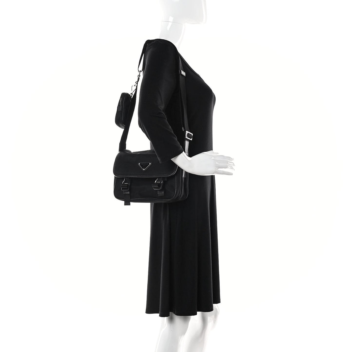 Re-Nylon Saffiano Pocket Double Snap Buckle Shoulder Bag Black