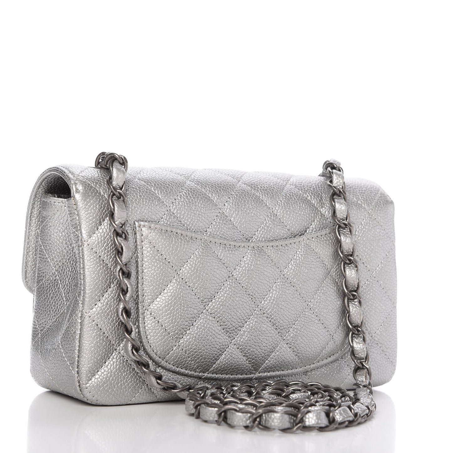 Metallic Caviar Quilted Mini Rectangular Flap Silver