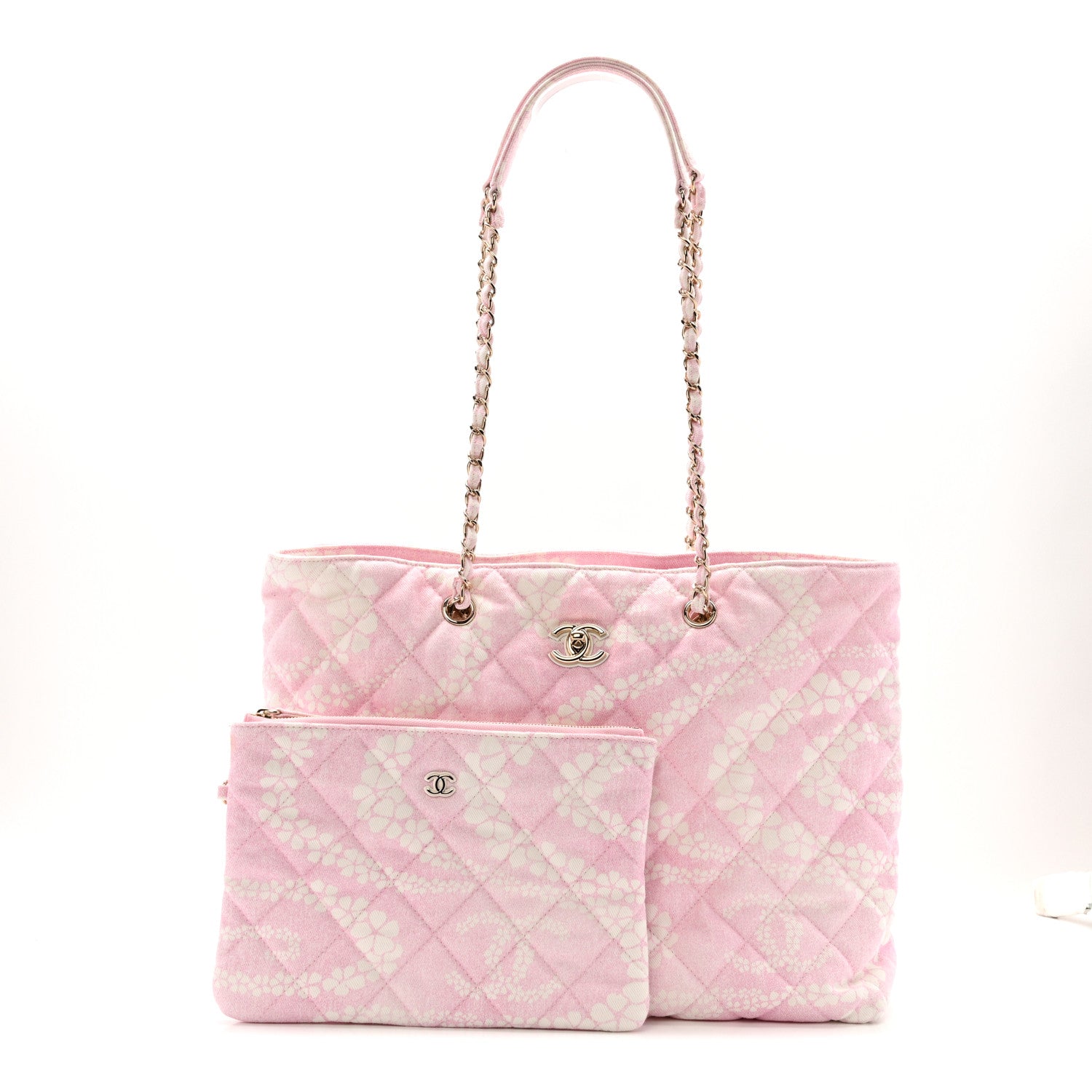Chanel Printed Denim Quilted Coco Beach Shopping Tote Pink White 3 of 13
