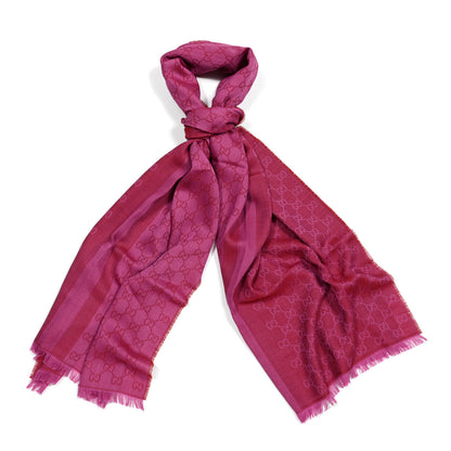 Gucci Wool Silk GG Monogram GGWeblong Fringe Scarf Shawl Red Pink 2 of 4