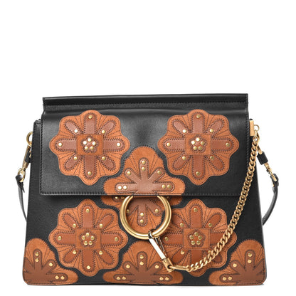 Chloe Calfskin Floral Patchwork Medium Faye Shoulder Bag Black Brown 1 of 7