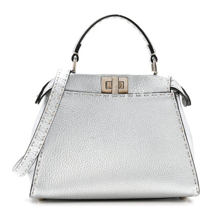 Fendi Cuoio Romano Lux Selleria Mini Peekaboo Iconic Satchel Argento 1 of 13
