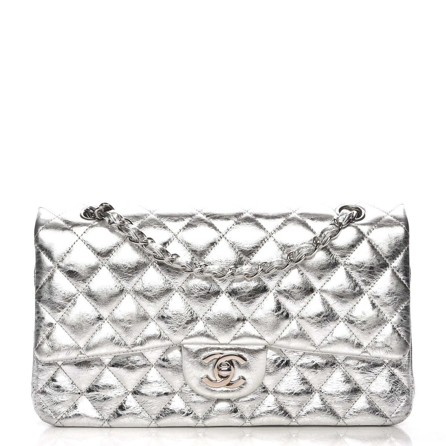Metallic Aged Calfskin Quilted Medium Double Flap Silver
