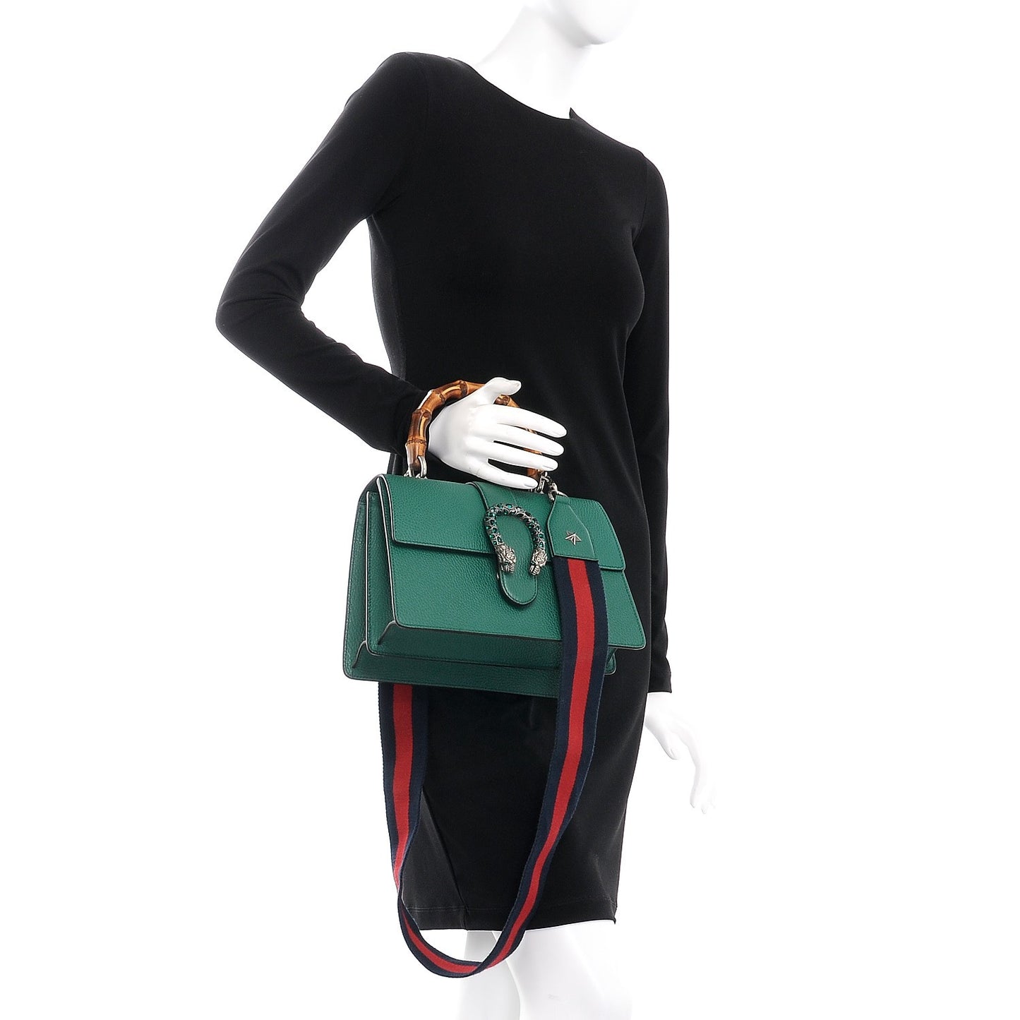 Dollar Calfskin Crystal Web Medium Dionysus Bamboo Top Handle Bag Emerald