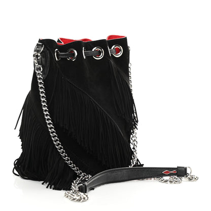 Christian Louboutin Suede Calfskin Fringe Marie Jane Bucket Black 3 of 12