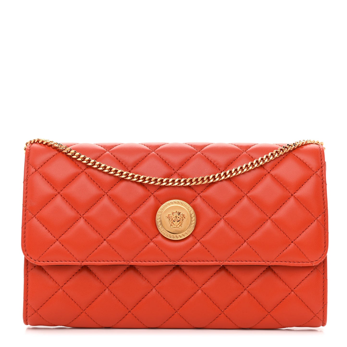 Lambskin Quilted Medusa Wallet On Chain Crossbody Dark Orange