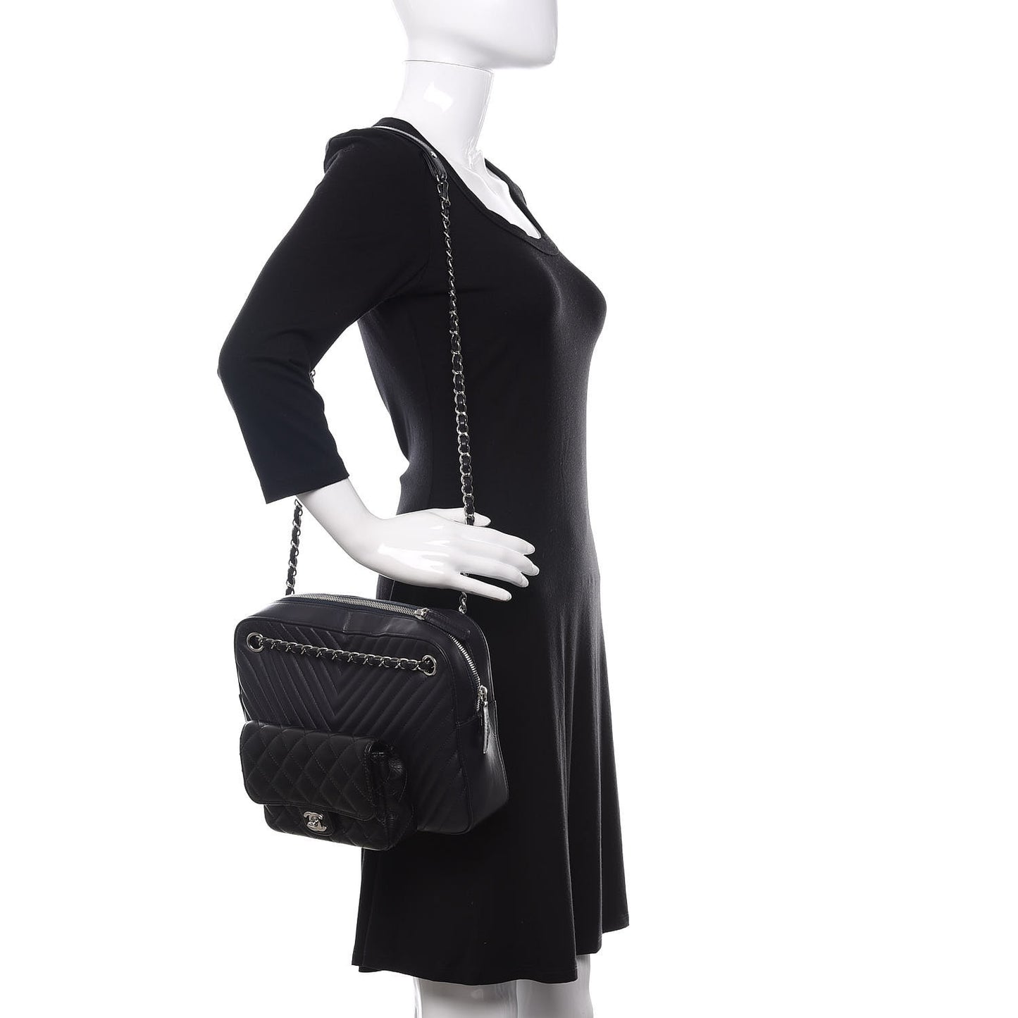 Calfskin Chevron Quilted Double Camera Bag With Flap Black