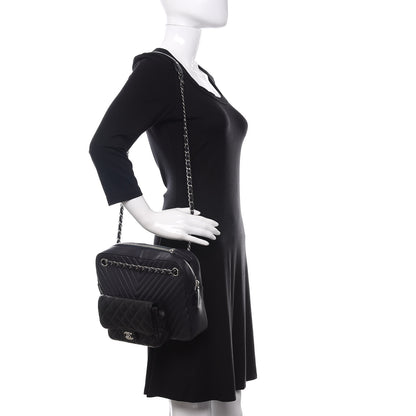Chanel Calfskin Chevron Quilted Double Camera Bag With Flap Black 2 of 13
