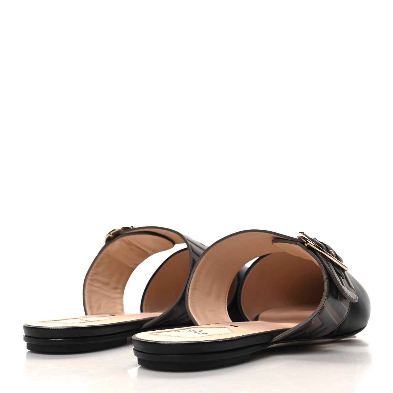 Fendi Vitello FF Embossed Buckle Flat Mules 41 Maya Black 4 of 8