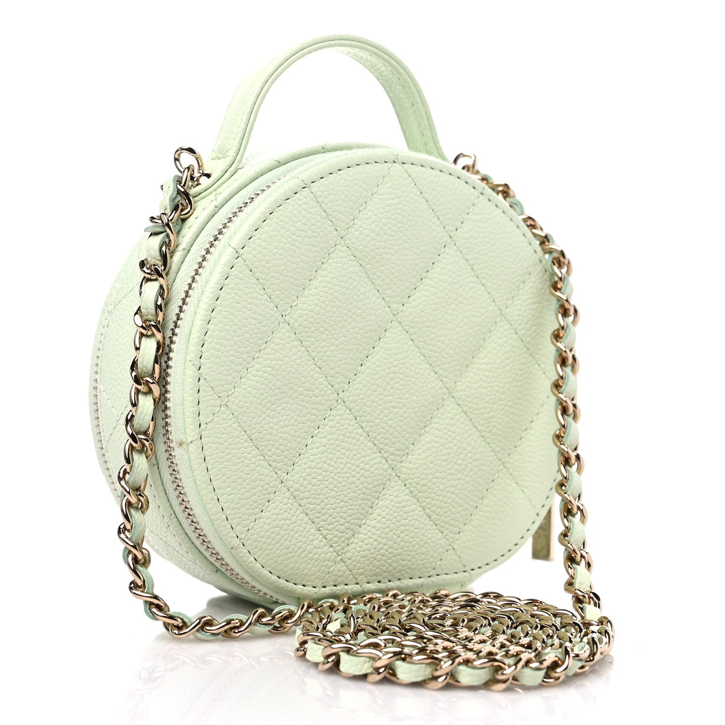 Caviar Quilted Round Handle With Care Vanity With Chain Light Green