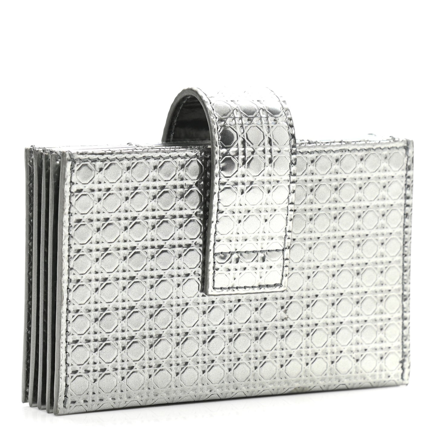 Metallic Patent Micro-Cannage Montaigne Gusseted Card Holder Silver