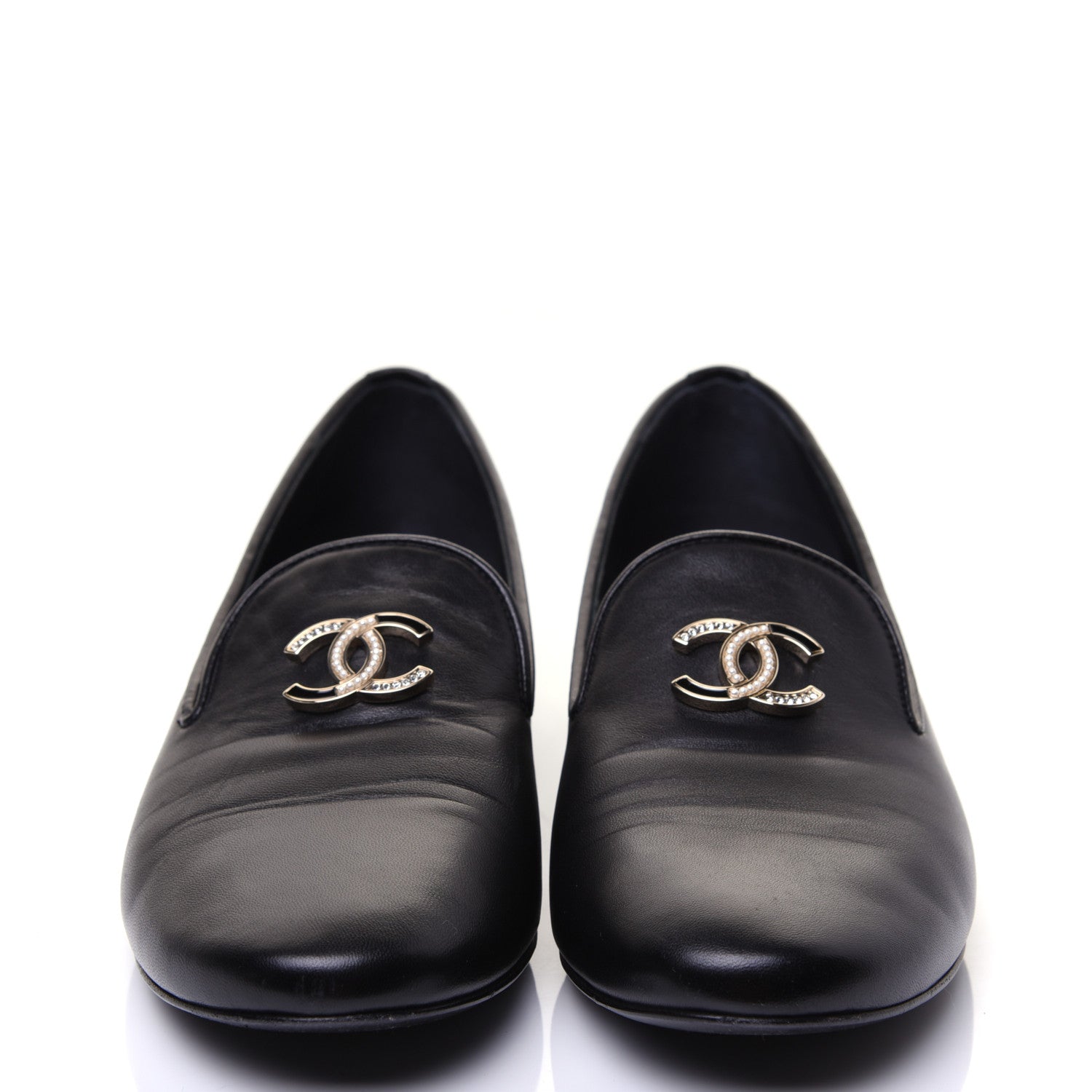 Chanel Enamel Pearl Crystal Lambskin Womens CC Mocassin Loafers 37 Black 2 of 11