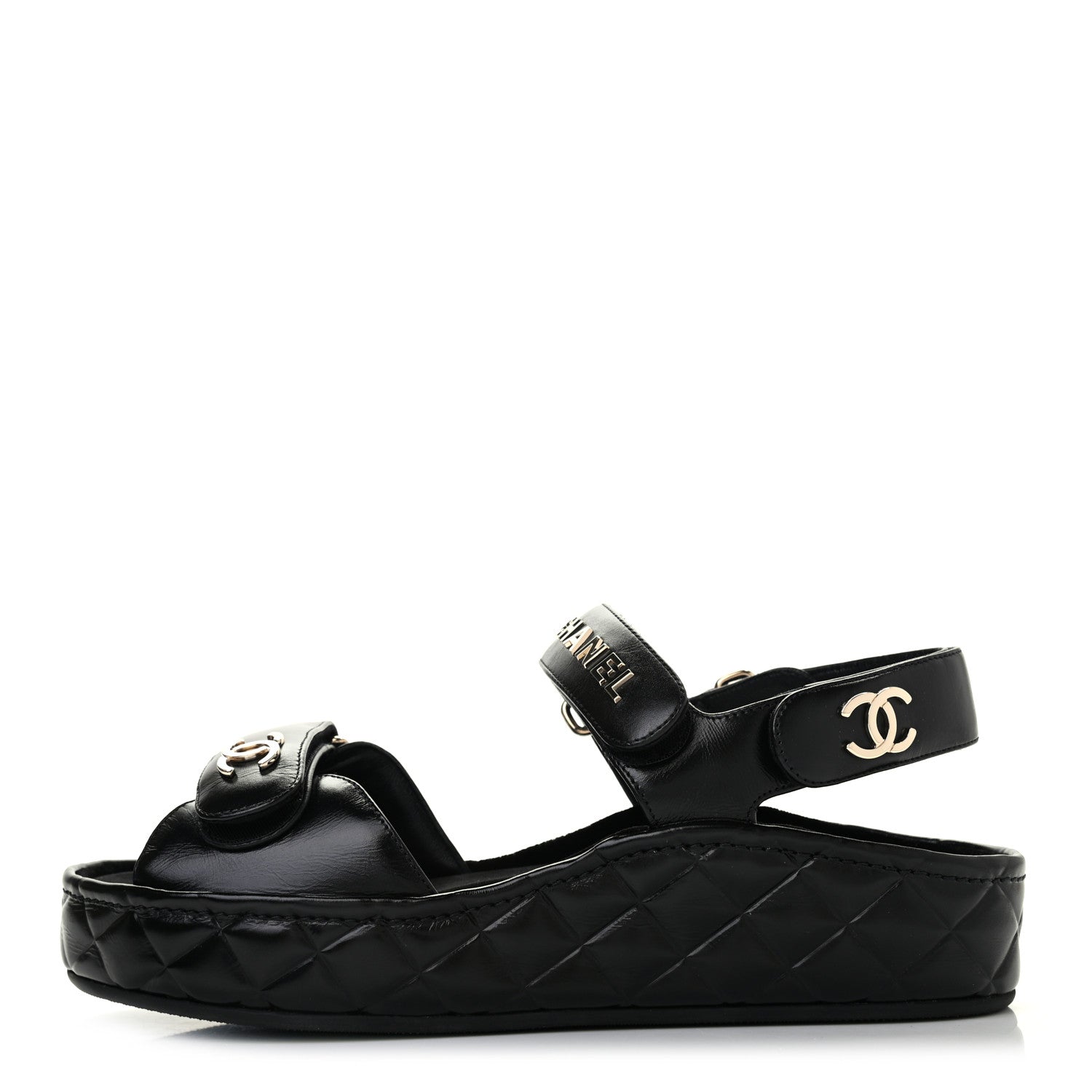 Chanel Shiny Calfskin Logo Platform Sandals 37 Black 1 of 6
