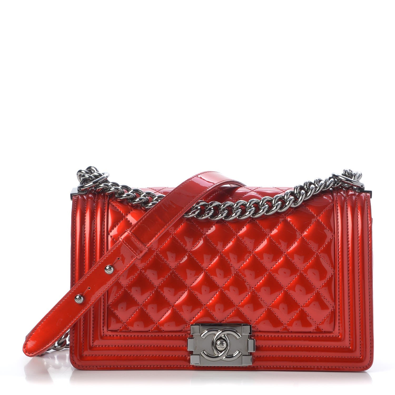 Chanel Metallic Patent Quilted Medium Boy Flap Red 1 of 16