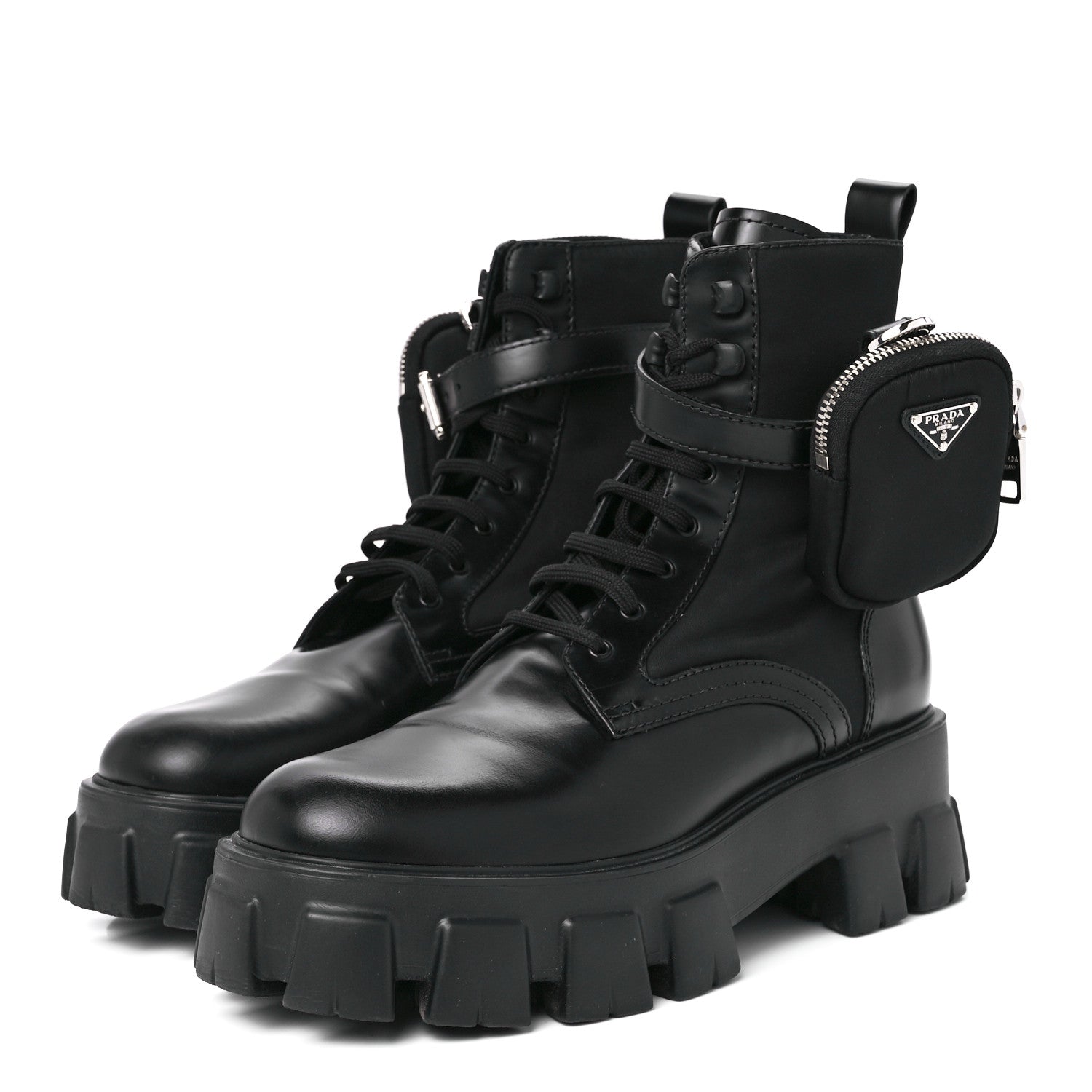 Prada Spazzolato Rois Re-Nylon Metal Triangle Logo Monolith Pouch Pocket 55mm Boots 41 Black 3 of 11