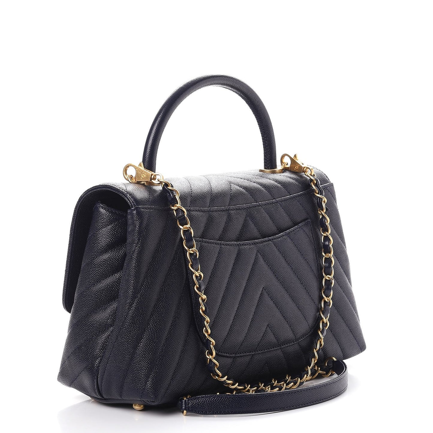 Caviar Chevron Quilted Small Coco Handle Flap Navy