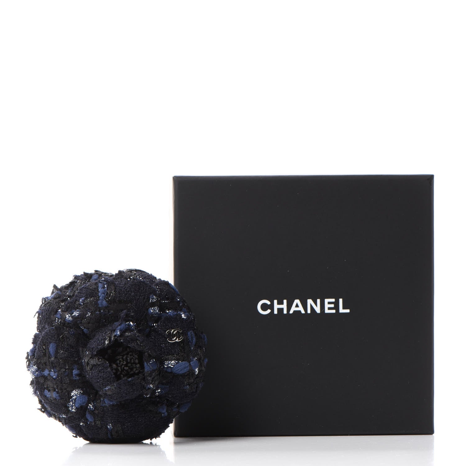 Chanel Tweed Camellia Pin Brooch Navy Blue 4 of 4