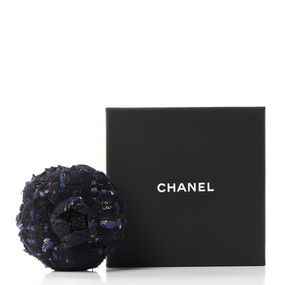 Chanel Tweed Camellia Pin Brooch Navy Blue 4 of 4