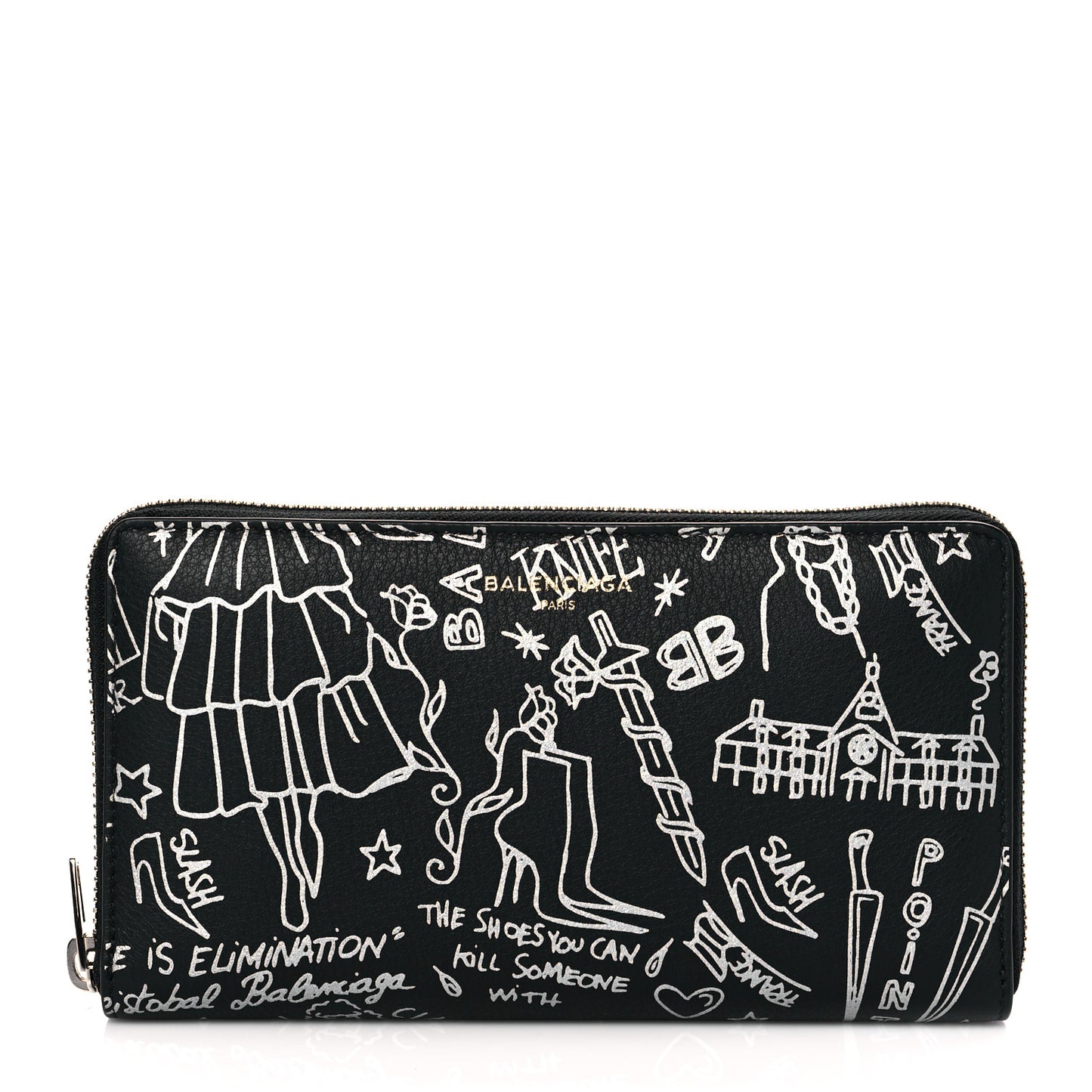 Calfskin Classic Silver Hardware Printed Tattoo Everyday Continental Zip Around Wallet Black