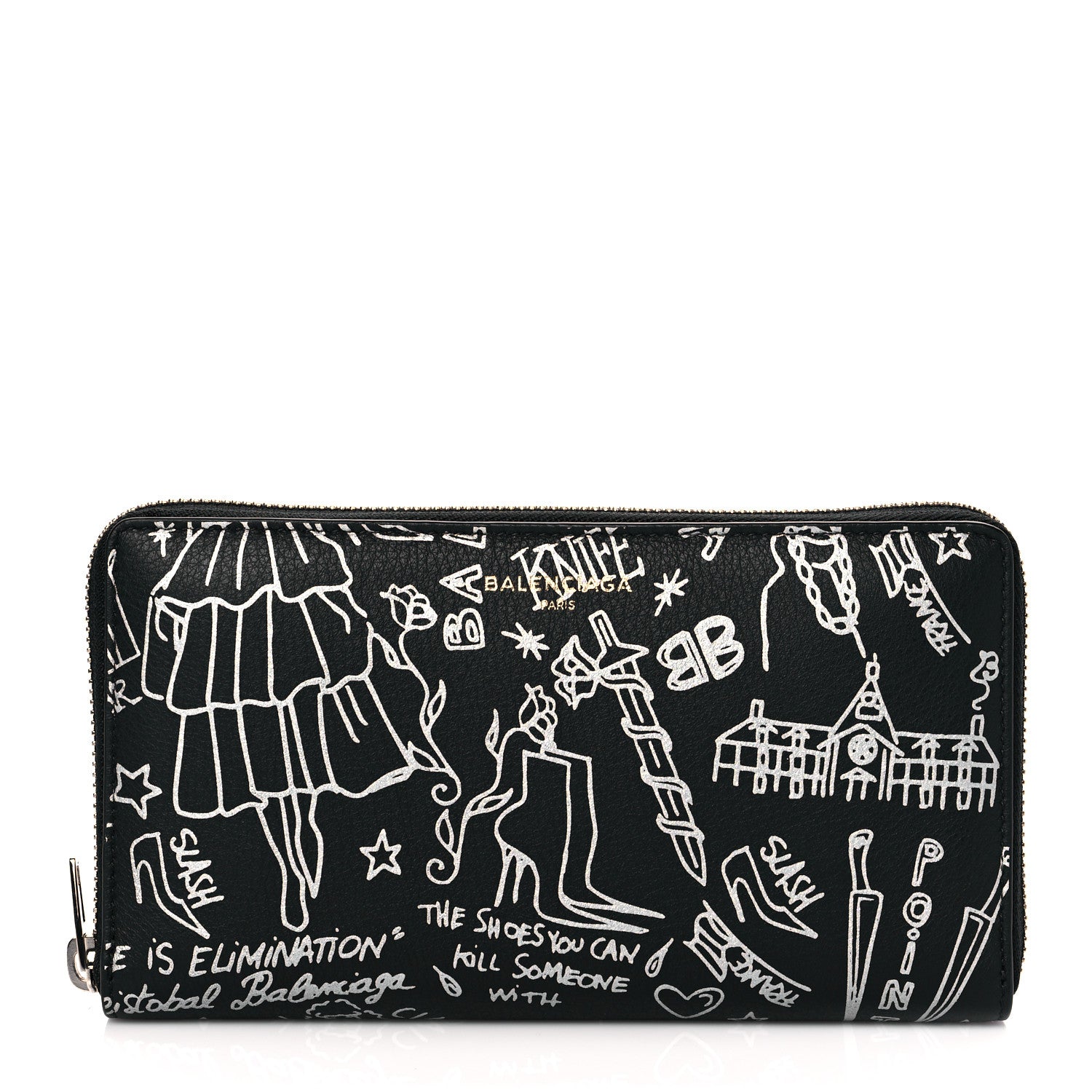 Balenciaga Calfskin Classic Silver Hardware Printed Tattoo Everyday Continental Zip Around Wallet Black 1 of 11