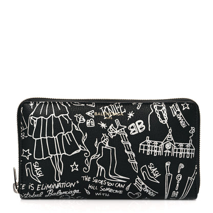 Balenciaga Calfskin Classic Silver Hardware Printed Tattoo Everyday Continental Zip Around Wallet Black 1 of 11