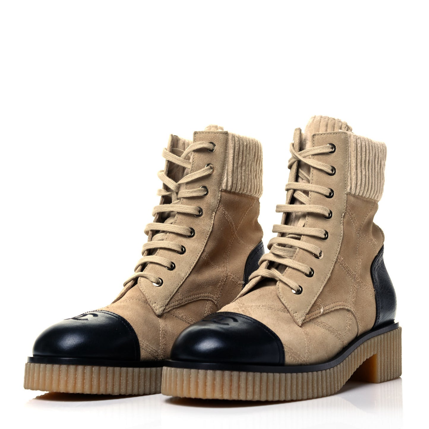 Suede Calfskin Velvet Quilted CC Combat Boots 41 Beige Black