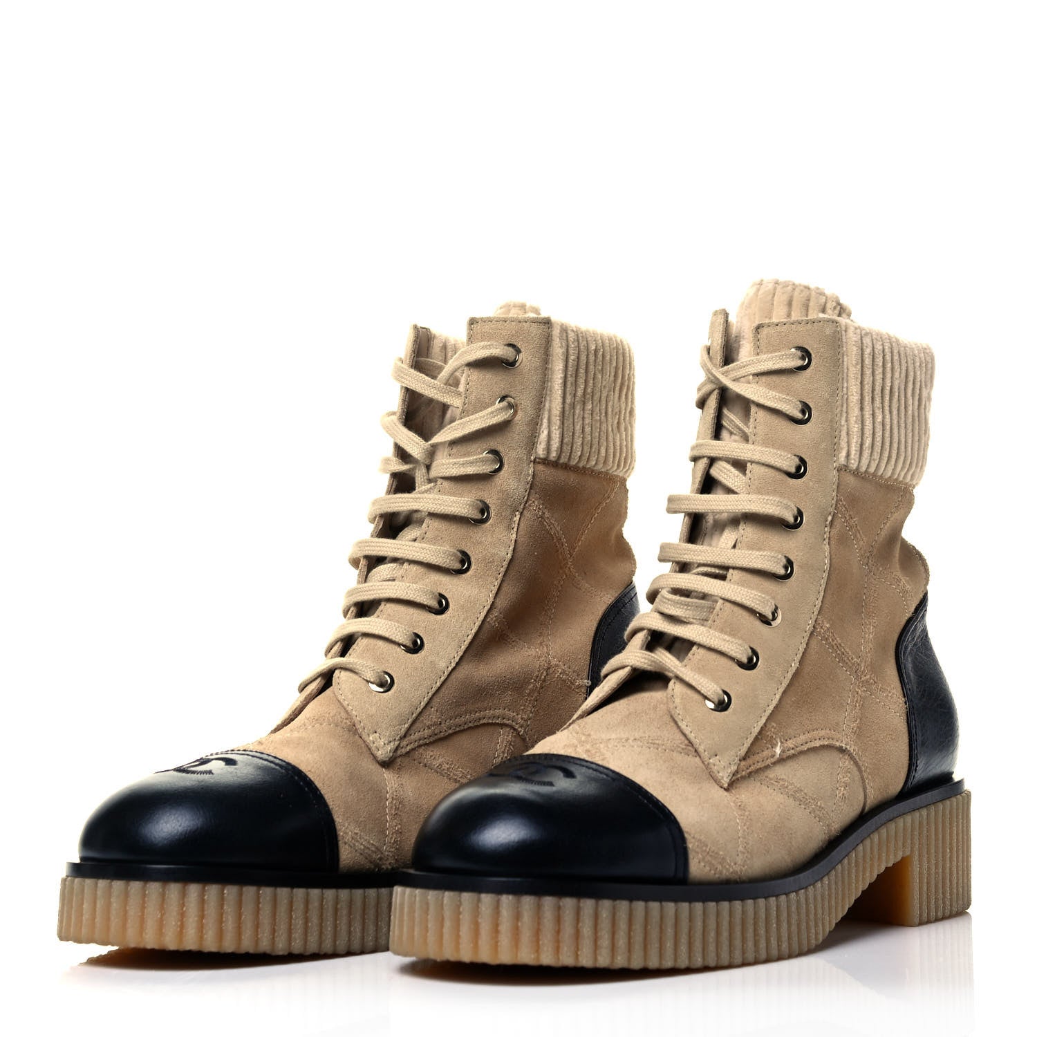 Chanel Suede Calfskin Velvet Quilted CC Combat Boots 41 Beige Black 2 of 8