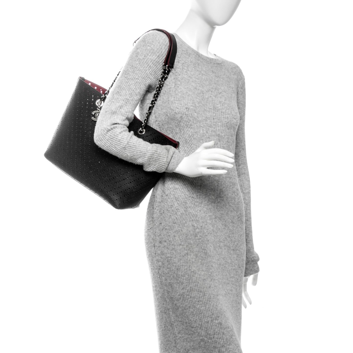 Perforated Grained Calfskin Large Shopping Tote Black