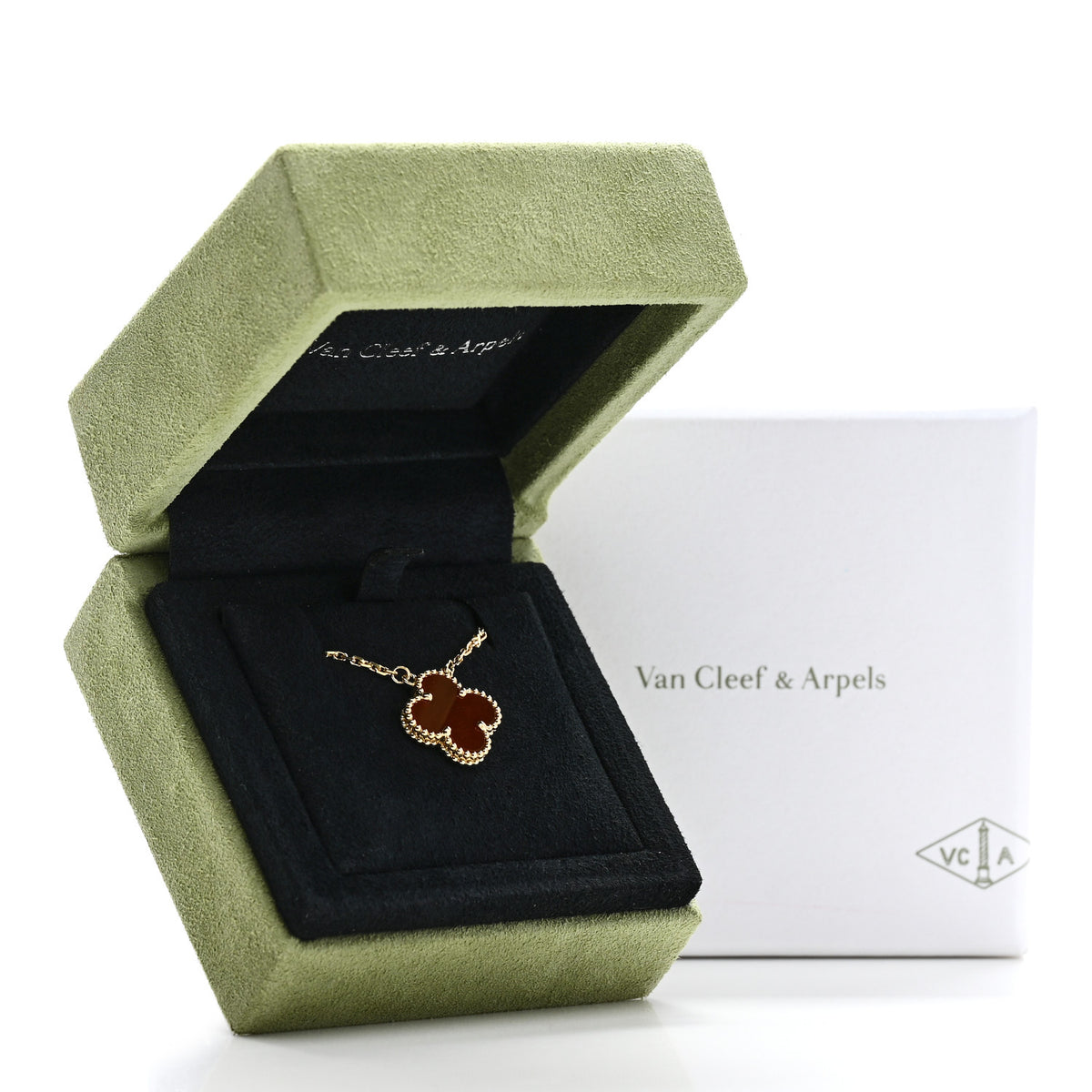 Van Cleef & Arpels 18K Yellow Gold Carnelian Vintage Alhambra Pendant Necklace 6 of 6
