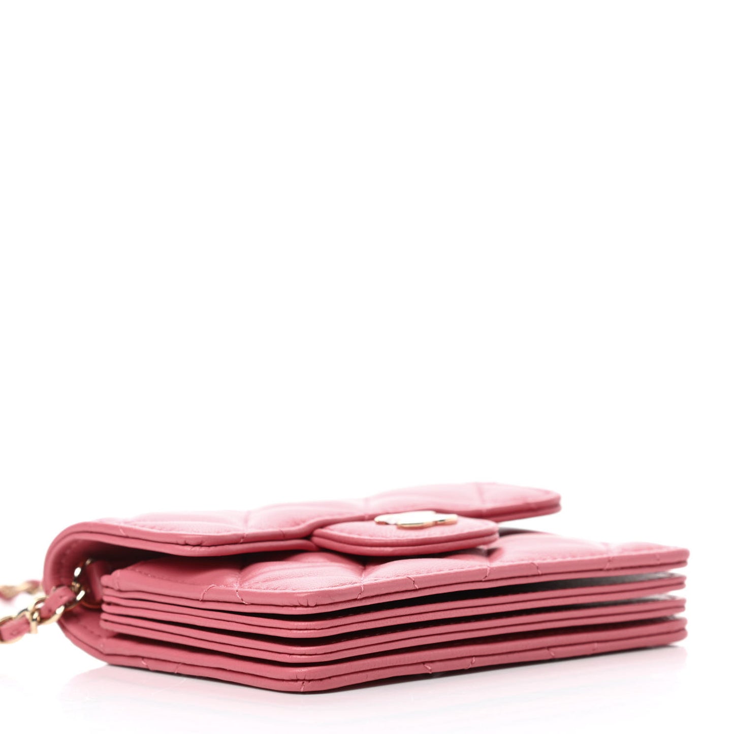 Lambskin Quilted Flap Card Holder On Chain Pink
