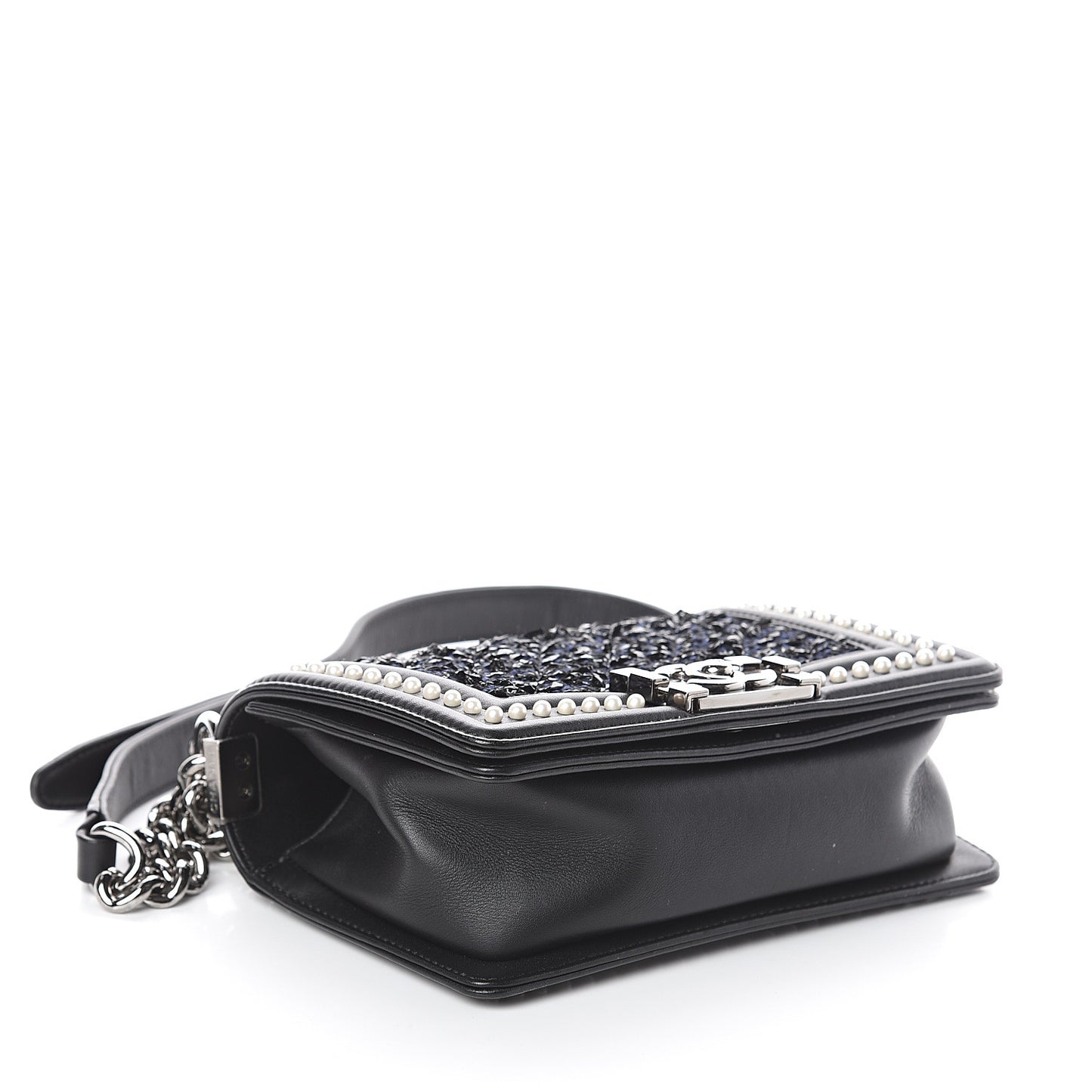 Calfskin Pearl Tweed Small Boy Flap Black